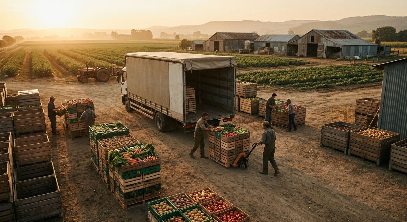 Farm workers loading wooden crates onto a delivery truck at a rural farm during golden hour, with barns and open fields in the background.
