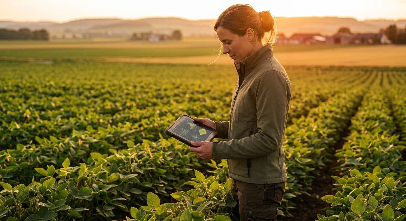 A woman agronomist reviewing crop health data on a tablet while standing in a lush green soybean field at golden-hour backlight.