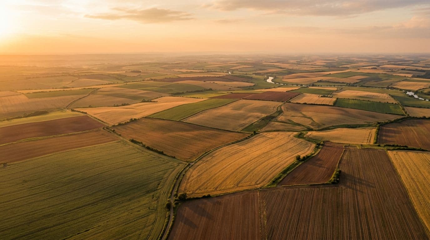 Aerial drone photograph of expansive patchwork farmland in green, gold, and brown tones at golden hour, with a winding river visible through the fields.
