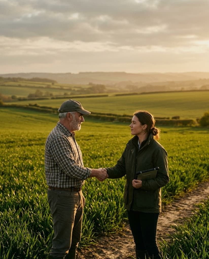 Agricultural experts shaking hands in a field at sunset